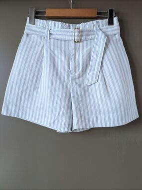 Club Monaco XS/S Light Blue & White Striped Paperbag Waist Shorts With Pockets
